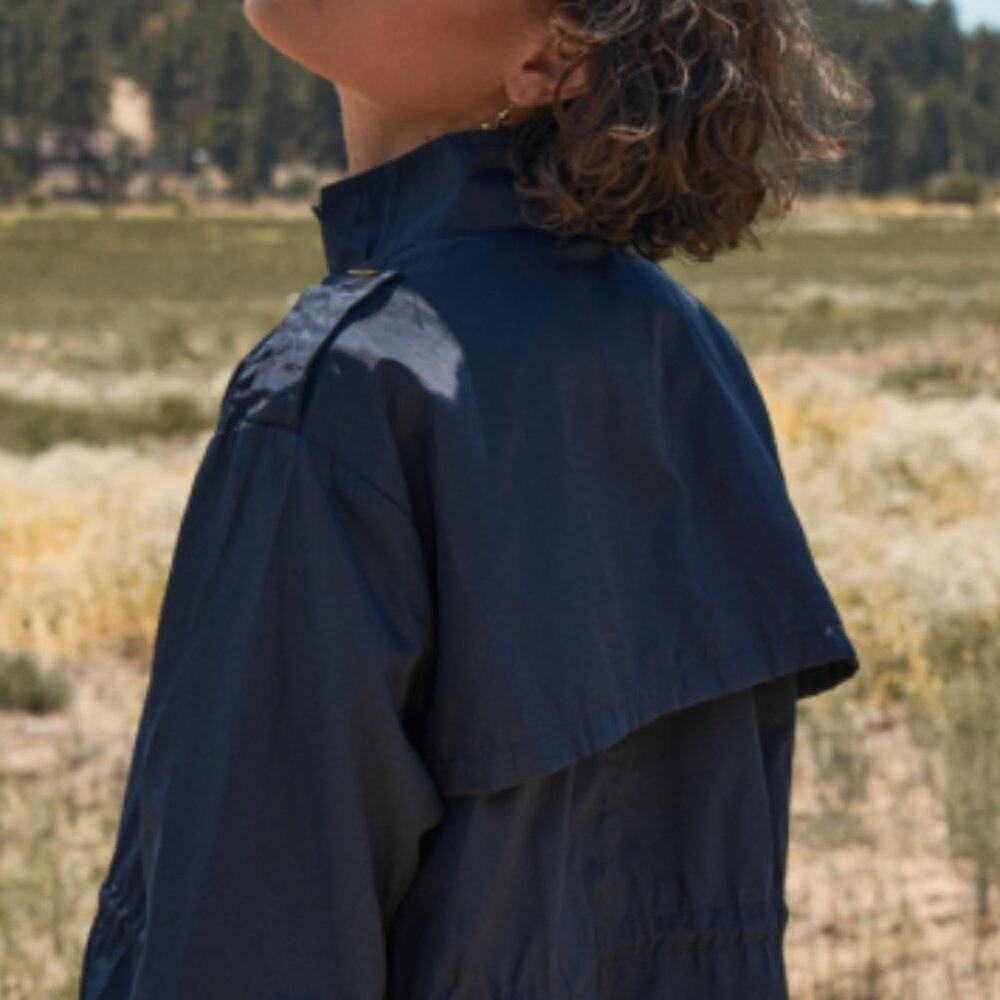 Navy Glossy Drawstring Trim Button-Down Coach Jacket - Picture 6 of 16